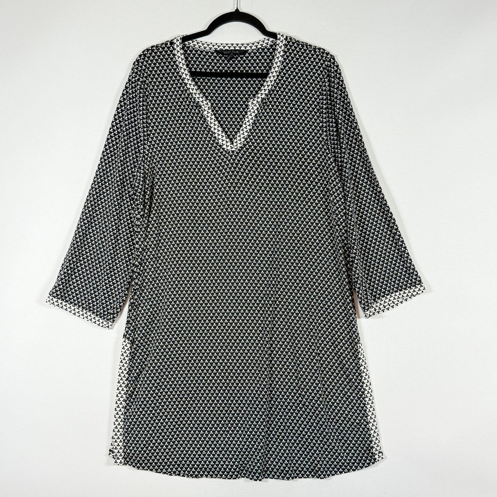 Long Tall Sally Medium Tunic Shirt Black White Womens 3/4 Sleeve Boho Scandi